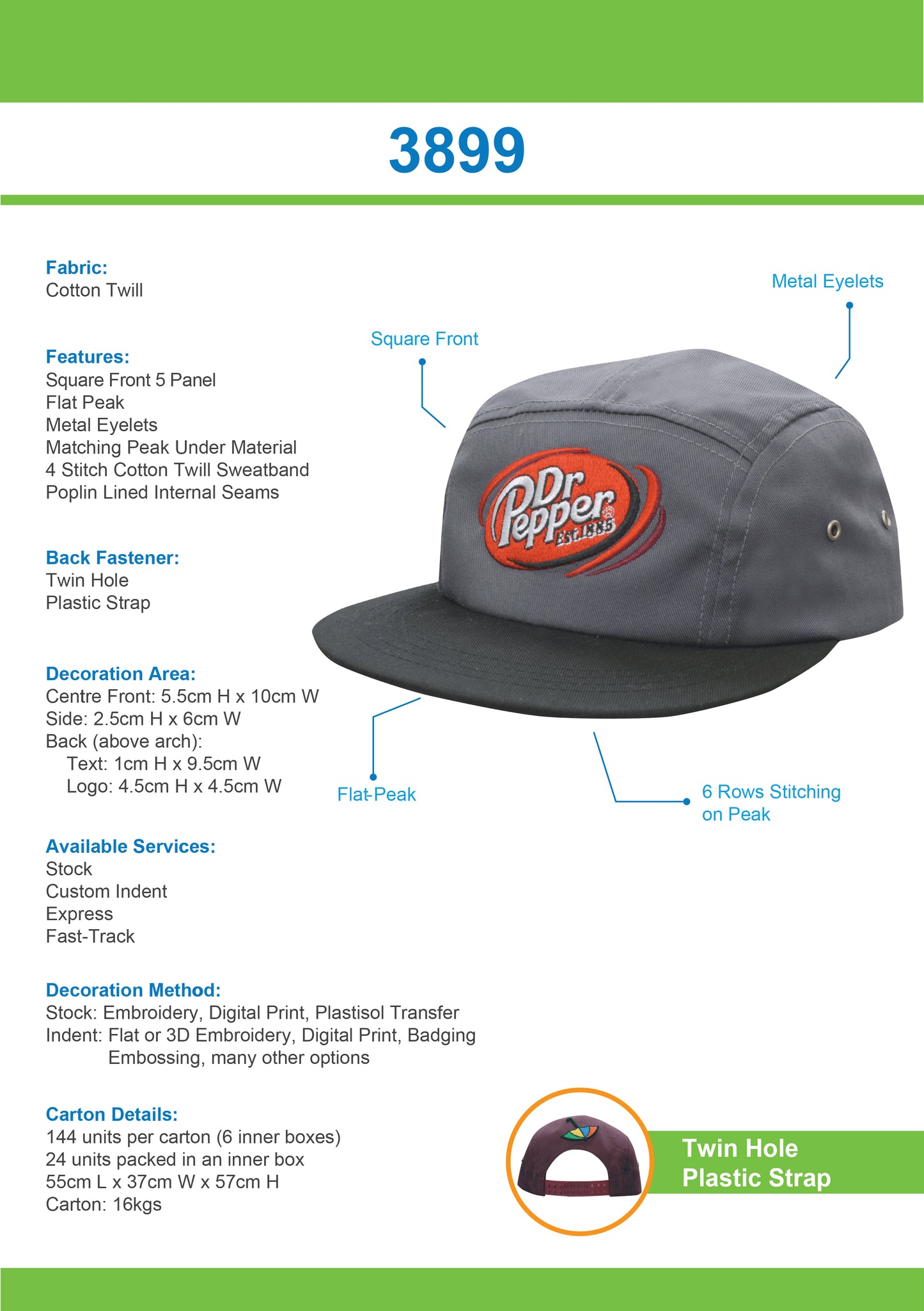Headwear - Cotton Twill Square Front -3899