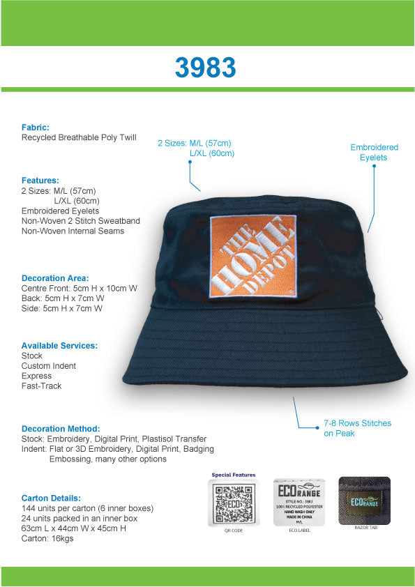 Headwear - Recycled Breathable Poly twill Bucket Hat - 3983