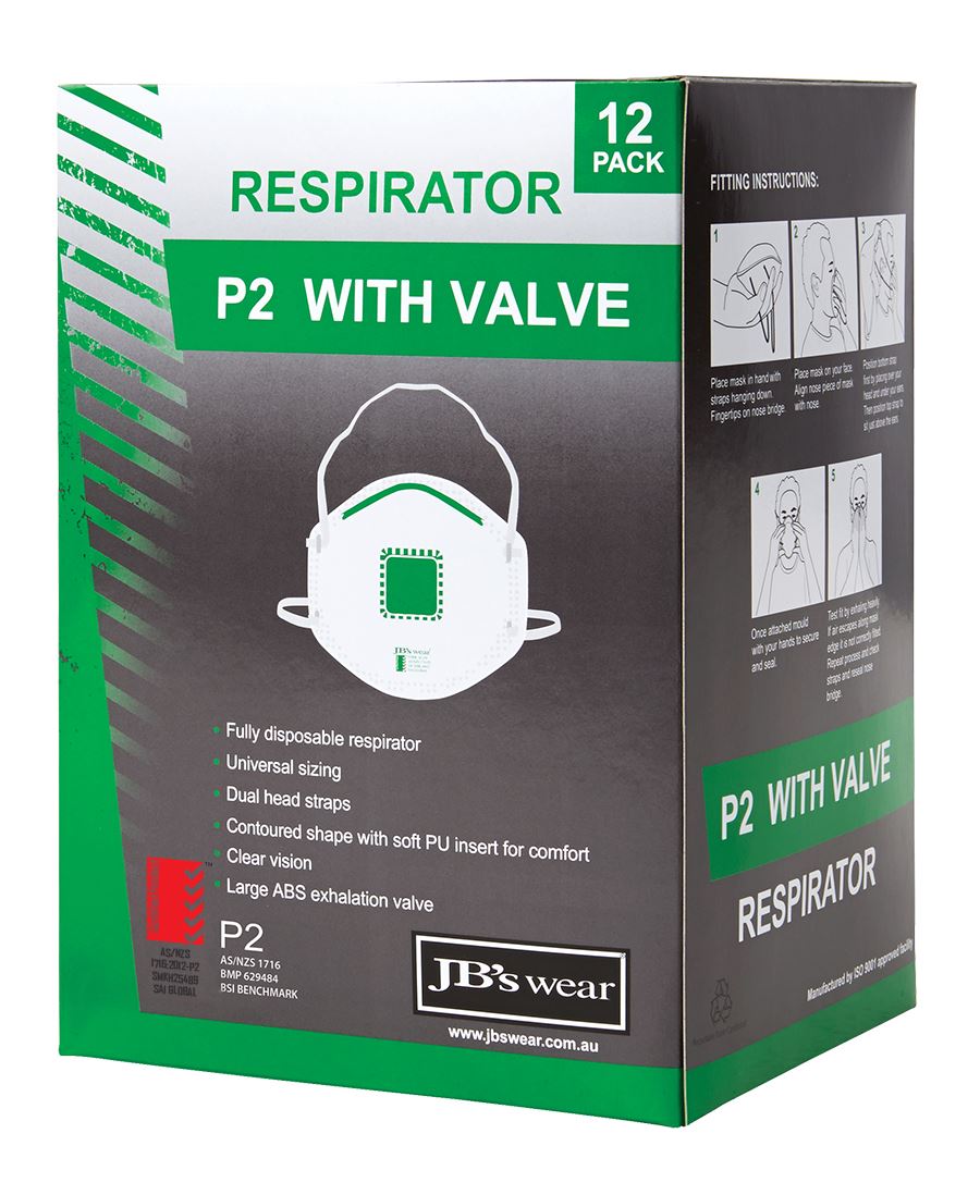Jb'S Wear P2 Respirator With Valve (12Pc) 8C150 NOTE: PLEASE CALL US AND CHECK STOCK BEFORE PURCHASE - Star Uniforms Australia