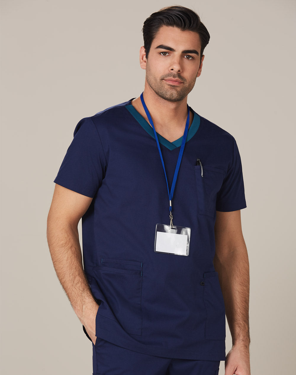 Winning Spirit-Mens V-Neck Contrast Trim Scrub Top-M7650