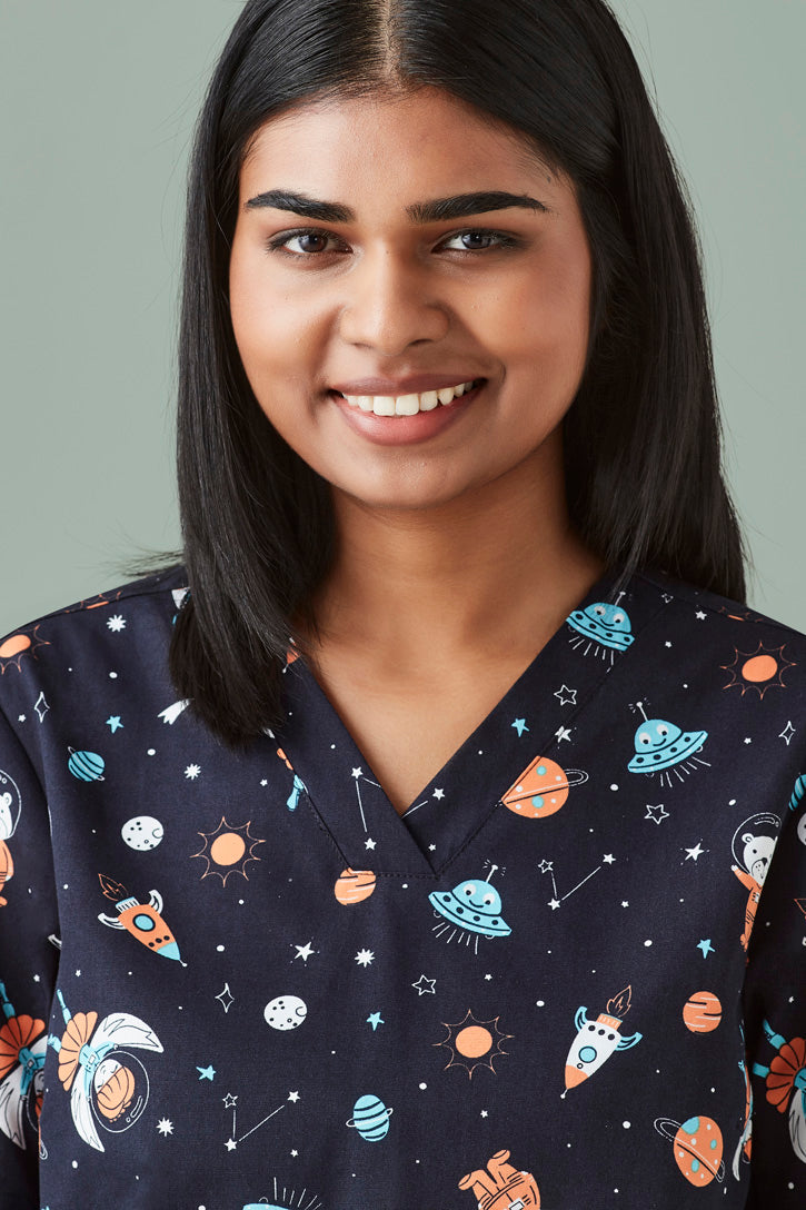 Biz Care-Womens Space Party Scrub Top -CST148LS