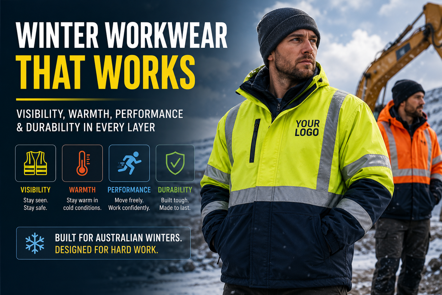 Worker wearing hi-vis winter workwear on a construction site