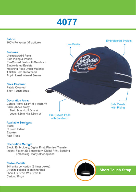 Headwear Microfibre Sports Cap with Piping and Sandwich Cap - 4077