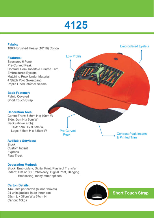 Headwear-Brushed Heavy Cotton with Peak Inserts & Printed Trim -4125