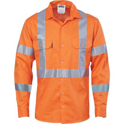 DNC Hivis cool-breeze cotton shirt with double hoop on arms & 'X' back CSR R/tape - long sleeve 3789 - Star Uniforms Australia