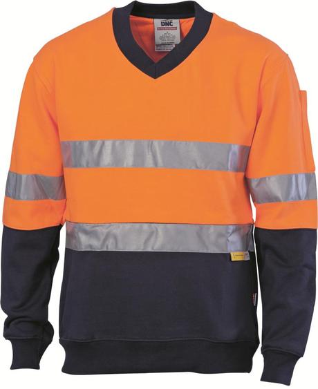 Dnc Hivis Two Tone Cotton Fleecy Sweat Shirt, V-Neck With 3M R/T (3924) - Star Uniforms Australia