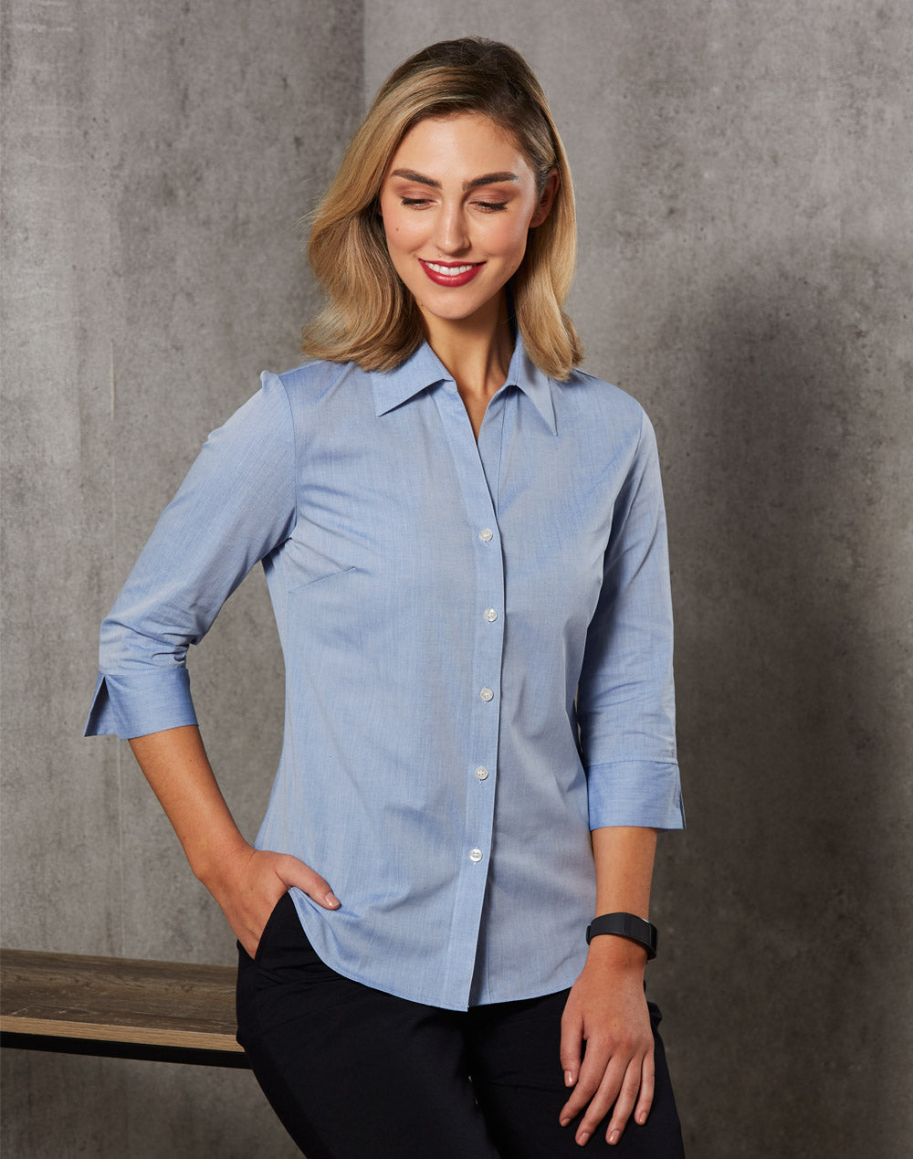 Winning Spirit-Women's Fine Chambray 3/4 Sleeve Shirt -M8013