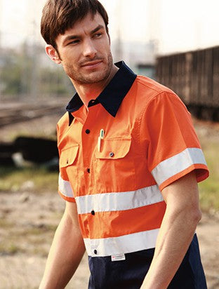Bocini-Unisex Adults Hi-Vis S/S Cotton Drill Shirt With Reflective Tape-SS1231